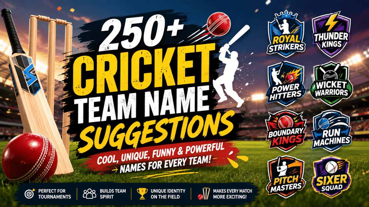 Cricket team name suggestions graphic featuring a cricket bat, red cricket ball, stumps, stadium, and colorful team name badges.
