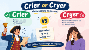 Crier or Cryer comparison graphic showing the correct spelling “Crier,” its meanings, and the uncommon “Cryer” spelling.