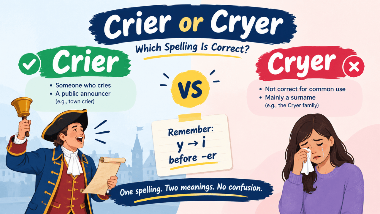 Crier or Cryer comparison graphic showing the correct spelling “Crier,” its meanings, and the uncommon “Cryer” spelling.