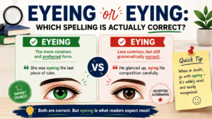 Eyeing or eying spelling comparison showing “eyeing” as the preferred form and “eying” as an accepted alternative.