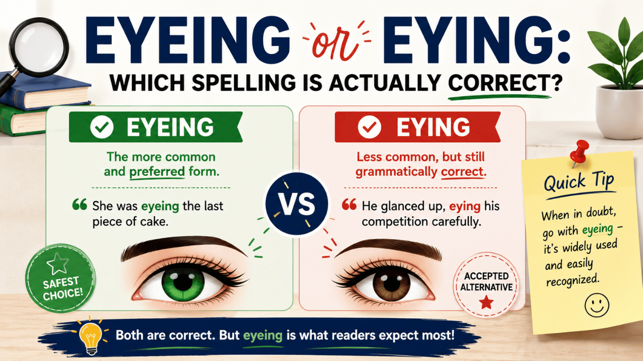 Eyeing or eying spelling comparison showing “eyeing” as the preferred form and “eying” as an accepted alternative.