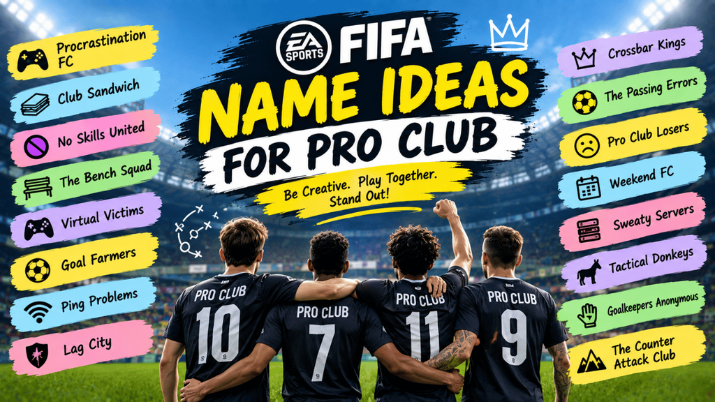 FIFA Pro Club name ideas graphic featuring a football stadium, four teammates in jerseys, gaming elements, and creative team name suggestions.