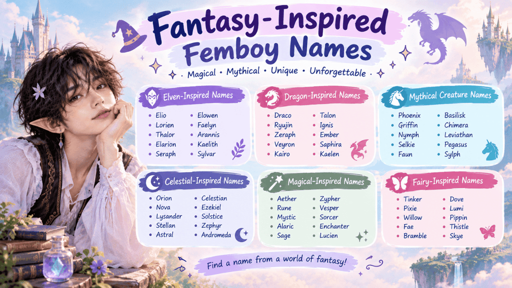 Fantasy-inspired femboy names infographic featuring magical, mythical, elven, dragon, celestial, fairy, and fantasy character name ideas.