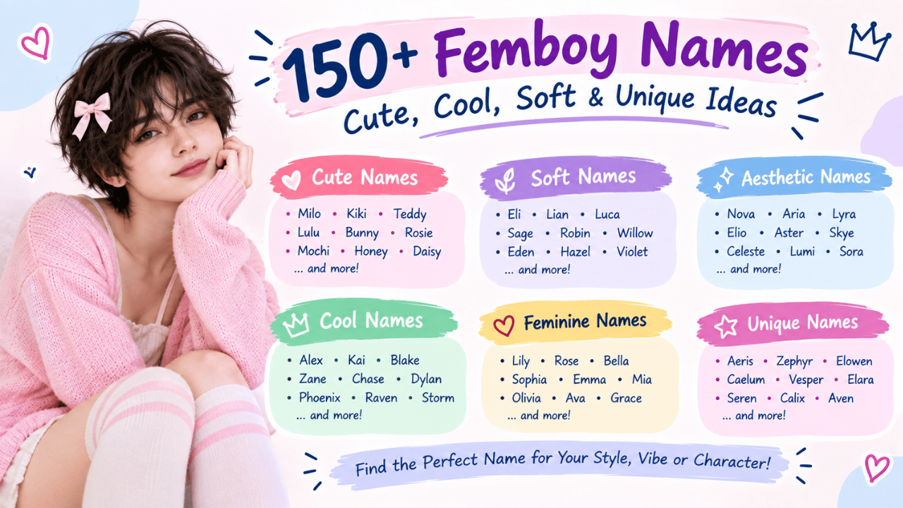 150+ femboy names featuring cute, soft, aesthetic, cool, feminine, and unique name ideas for usernames, characters, and online profiles.