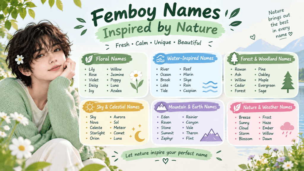 Femboy names inspired by nature, featuring floral, water, forest, celestial, mountain, weather, and earth-inspired name ideas.