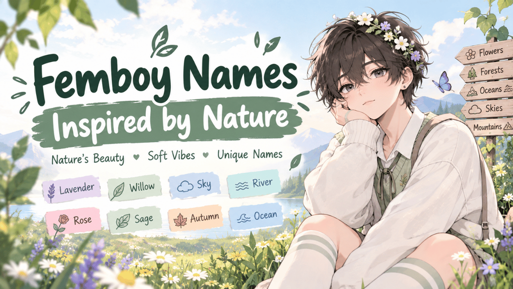 Femboy names inspired by nature, featuring flowers, forests, oceans, skies, and mountains.