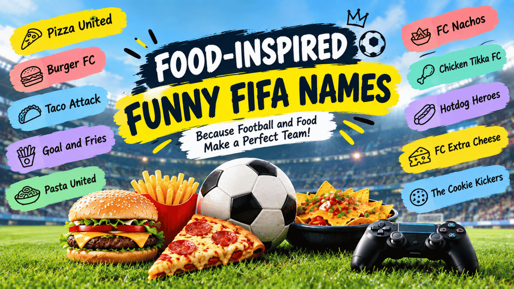 Food-inspired funny FIFA names graphic featuring a soccer ball, burger, pizza, fries, nachos, game controller, and playful football-themed team name ideas.