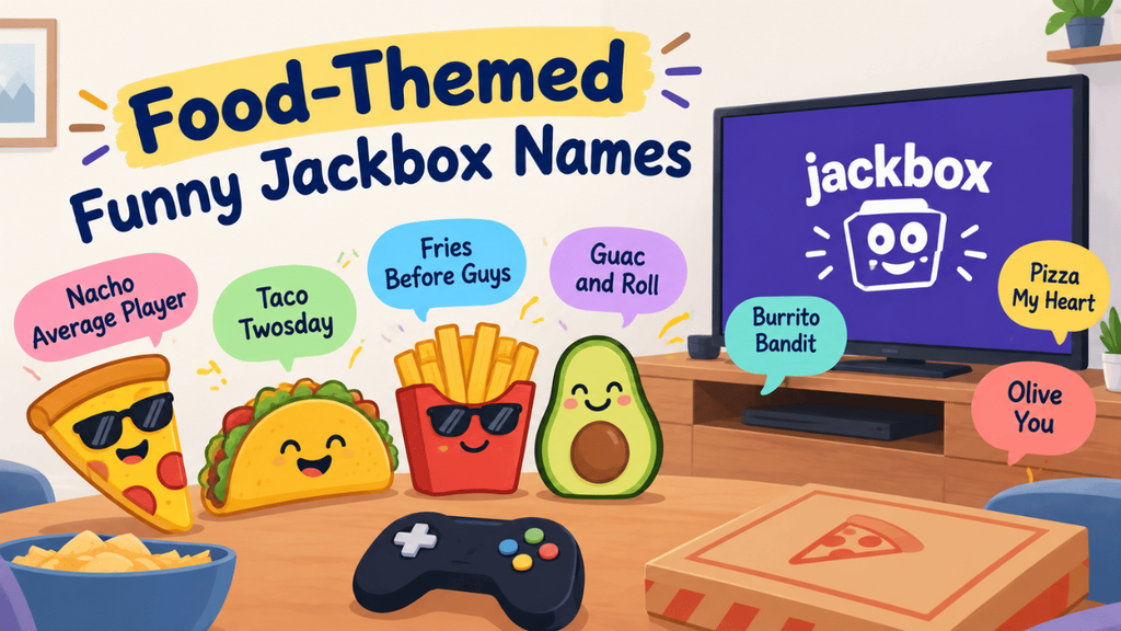 Food-themed funny Jackbox names featuring a game-night setup with pizza, tacos, fries, avocado, and humorous player-name bubbles.