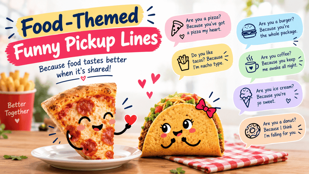 Food-themed funny pickup lines featuring pizza, tacos, coffee, ice cream, donuts, and playful romantic jokes.