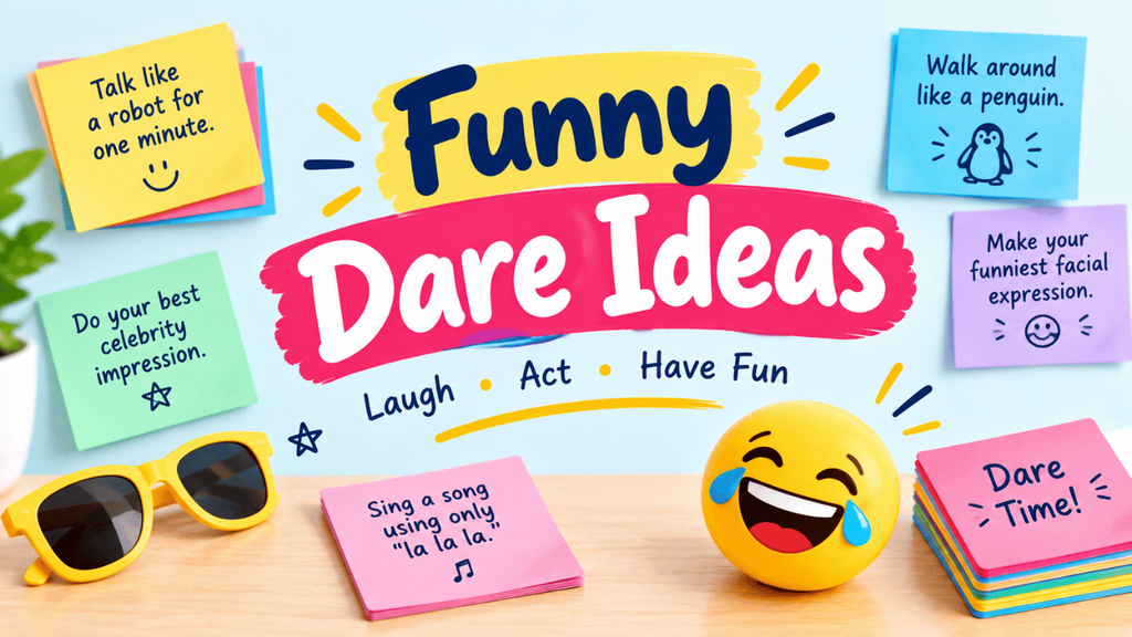 Funny Dare Ideas featuring colorful dare cards with playful challenges like robot talk, celebrity impressions, singing, and penguin walking.