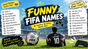 Funny FIFA names graphic featuring a soccer ball, gaming controllers, football stadium, and a list of humorous FIFA team name ideas.