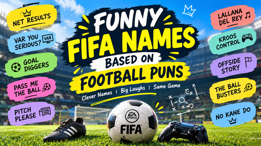 Funny FIFA names based on football puns displayed on a colorful graphic featuring a soccer ball, gaming controller, football stadium, and humorous team name ideas.