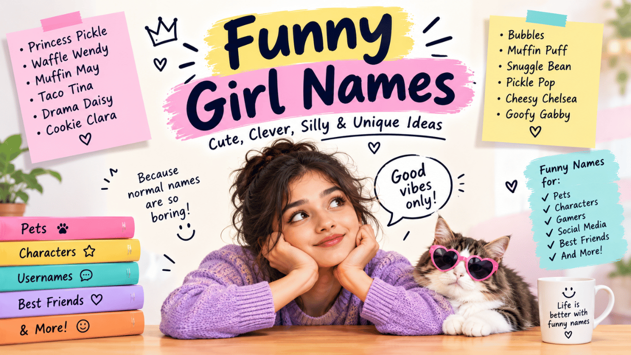 Funny girl names feature image showing a smiling woman, playful cat, colorful name ideas, and cute, silly, and unique name categories.