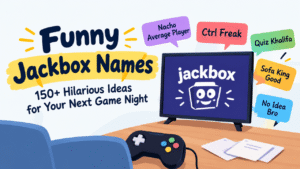 Funny Jackbox names featuring a game-night setup with a TV, controller, and colorful humorous player-name bubbles.