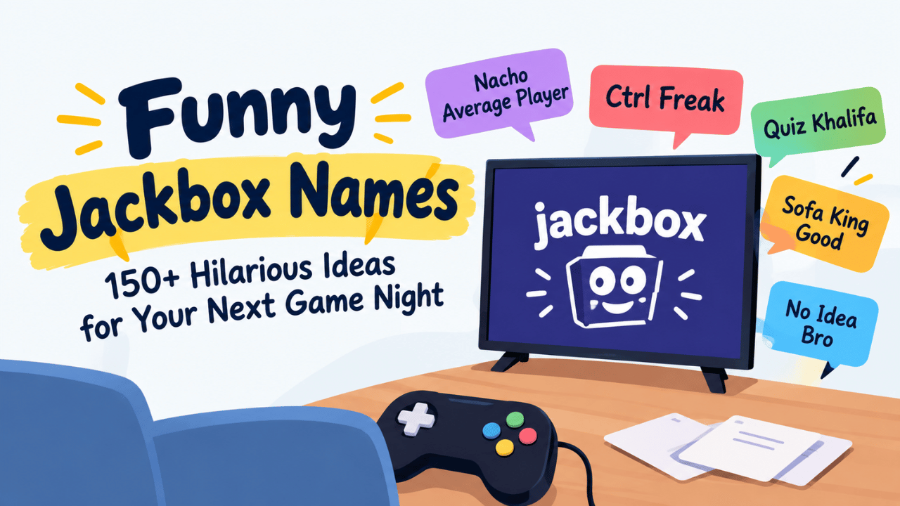 Funny Jackbox names featuring a game-night setup with a TV, controller, and colorful humorous player-name bubbles.