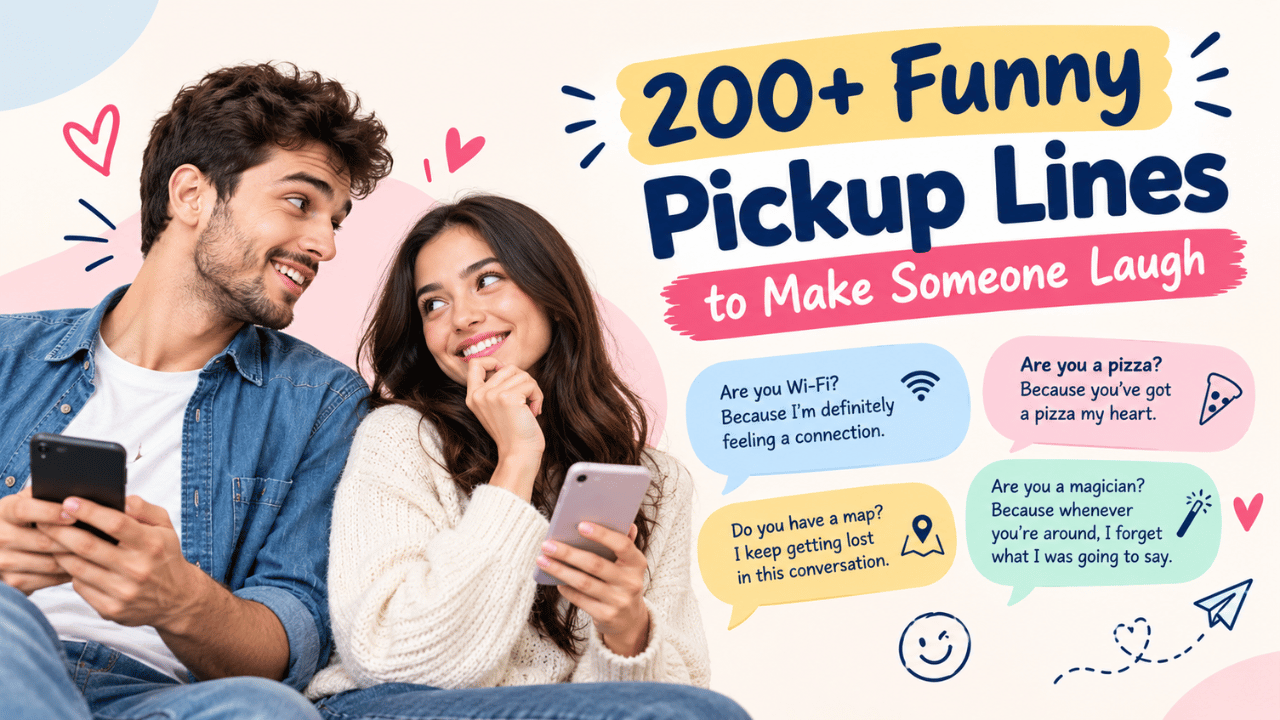 200+ funny pickup lines for texting, dating apps, crushes, and playful conversations, featuring a smiling couple and humorous chat messages.