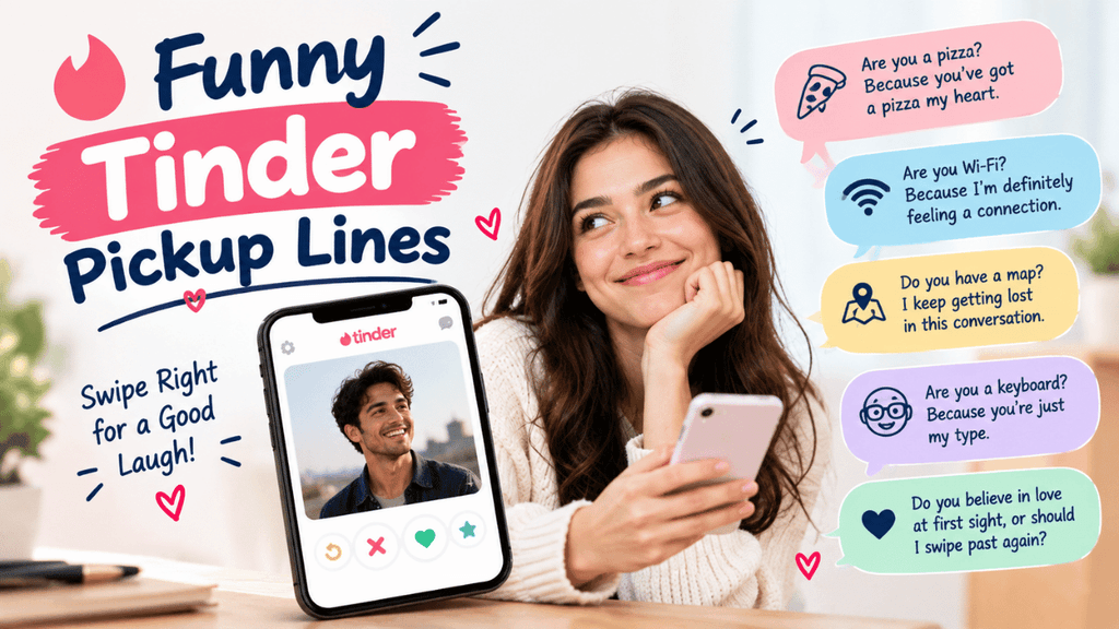 Funny Tinder pickup lines featuring a dating app, playful chat messages, and humorous conversation starters for matches.