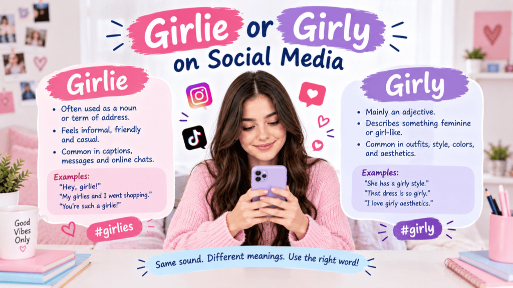 Girlie or girly on social media, showing their different uses, meanings, examples, hashtags, and casual online contexts.