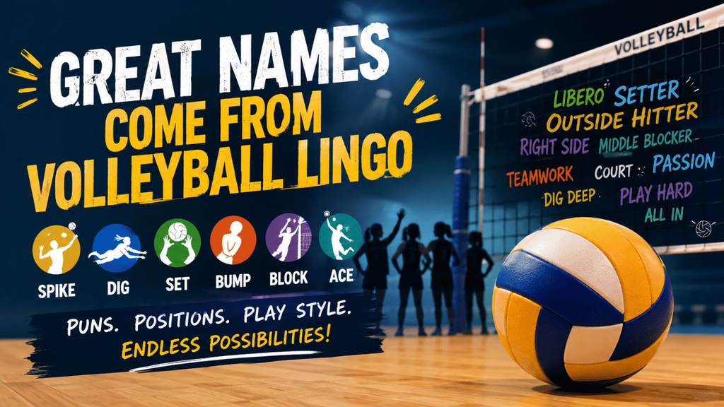 Volleyball lingo graphic featuring spike, dig, set, bump, block, ace, libero and setter terms.
