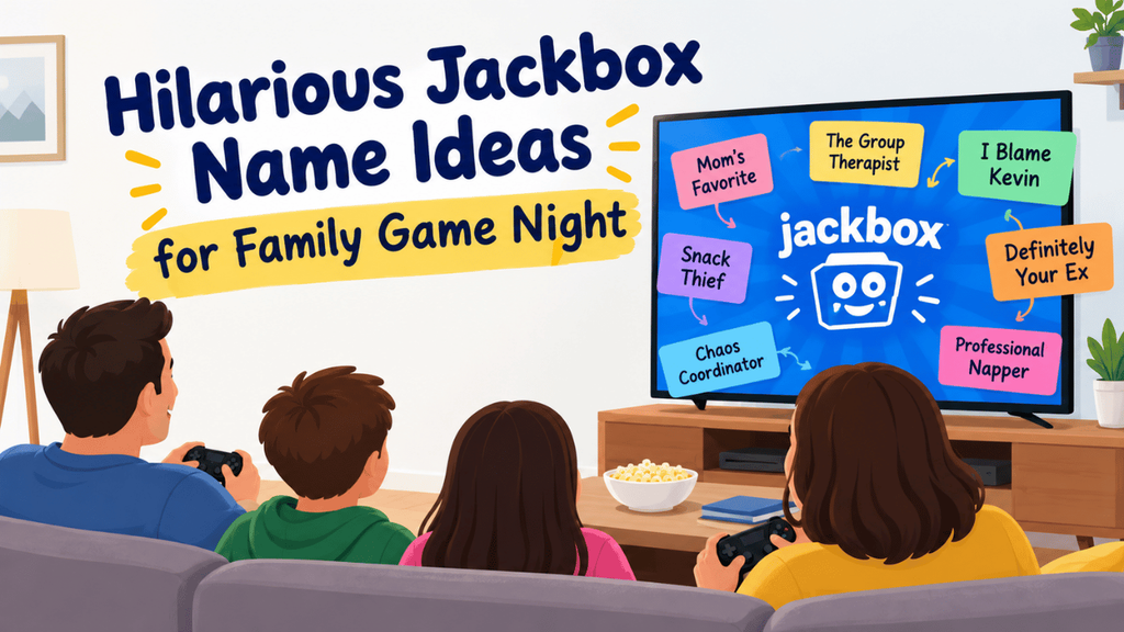 Hilarious Jackbox name ideas for family game night featuring a family playing a colorful Jackbox game together.