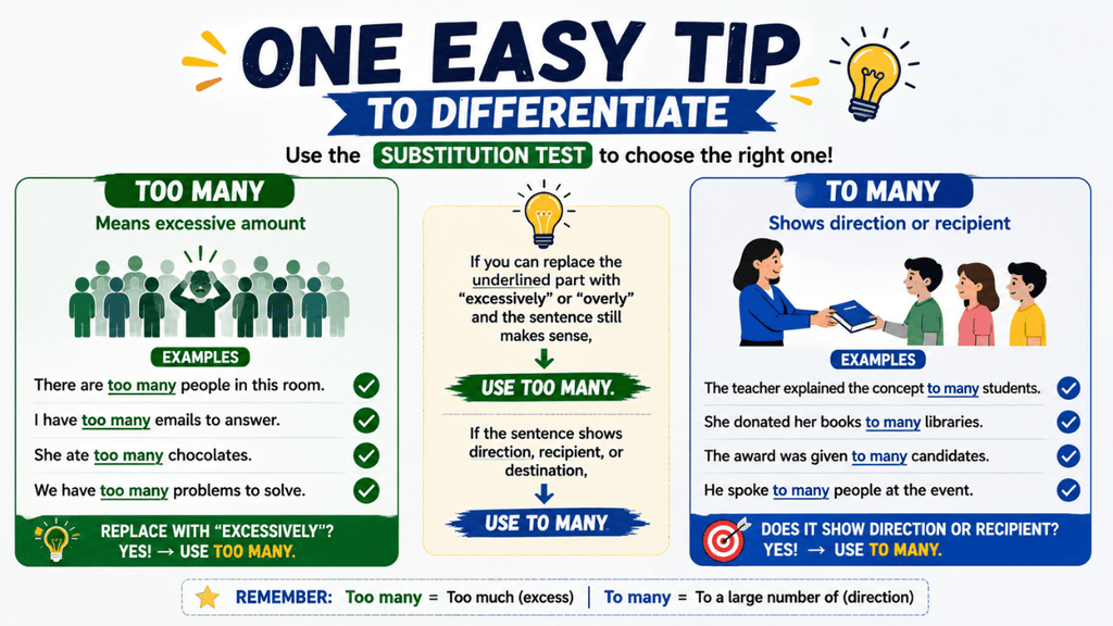 One easy tip to differentiate “to many” and “too many” using the substitution test, examples, and simple grammar rules.