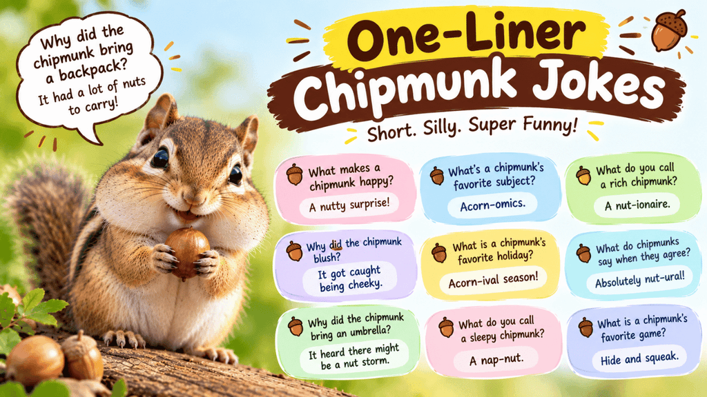 One-liner chipmunk jokes featuring a cute chipmunk with an acorn, short nut-themed jokes, puns, and funny punchlines.