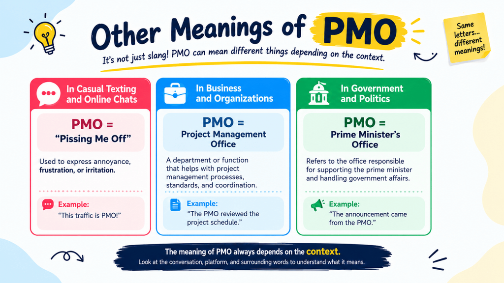 Other meanings of PMO in casual texting, business, and government contexts, with examples and explanations.