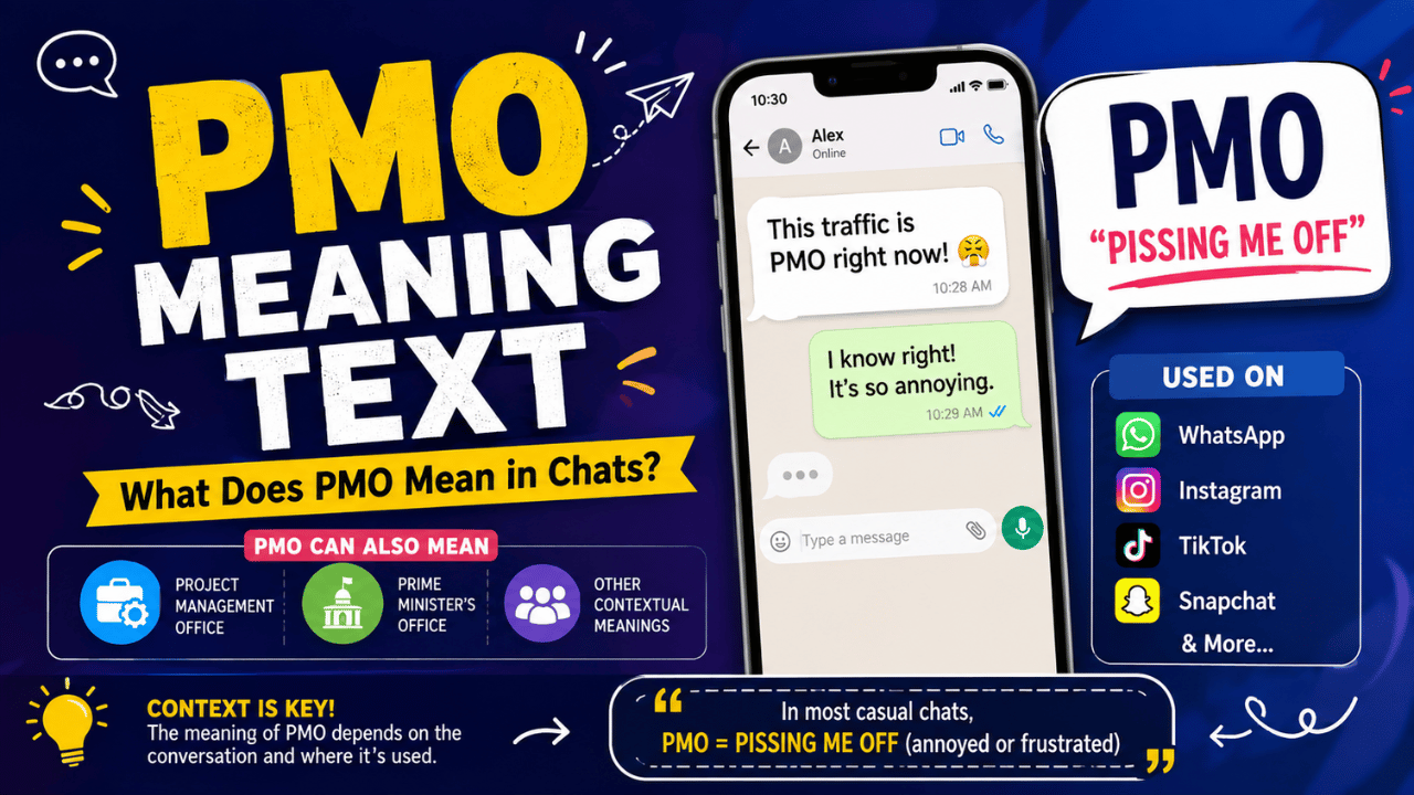 PMO meaning text infographic explaining the common meaning of PMO in chats, social media, and messaging.