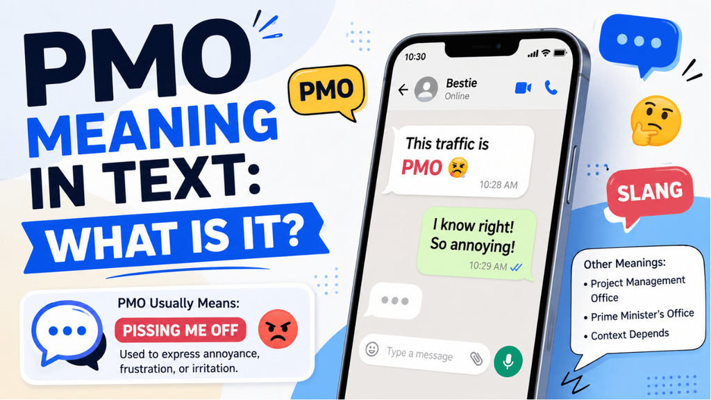 PMO meaning in text infographic explaining PMO as ‘Pissing Me Off’ in chats, with examples and other possible meanings.
