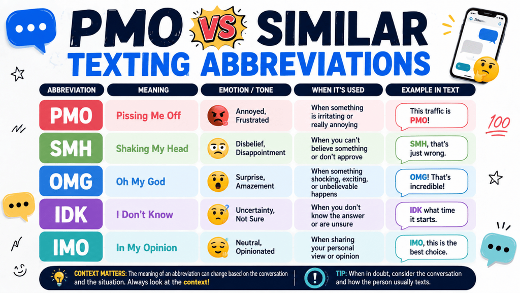 PMO vs similar texting abbreviations infographic comparing PMO, SMH, OMG, IDK, and IMO with their meanings, tones, and text examples.