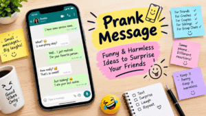 Funny prank message feature image showing a smartphone chat, playful sticky notes, and humorous ideas for harmless pranks with friends.