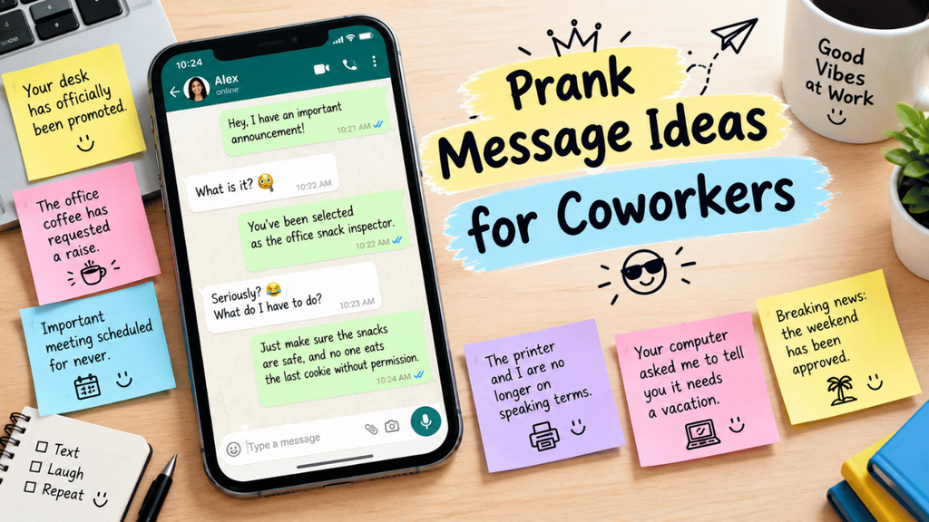 Prank message ideas for coworkers feature image showing a smartphone chat, office desk, colorful sticky notes, coffee mug, laptop, and funny workplace prank messages.
