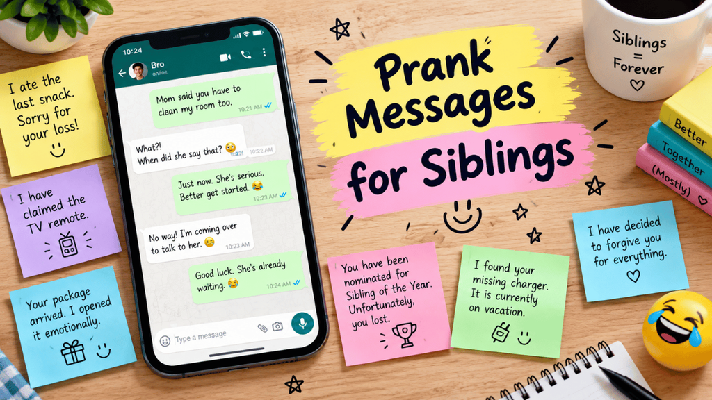 Prank messages for siblings feature image showing a smartphone chat, colorful sticky notes, sibling jokes, books, and playful desk decorations.
