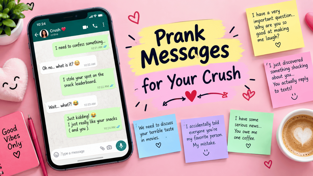 Prank messages for your crush feature image showing a smartphone chat, heart doodles, colorful notes, and playful romantic prank ideas.