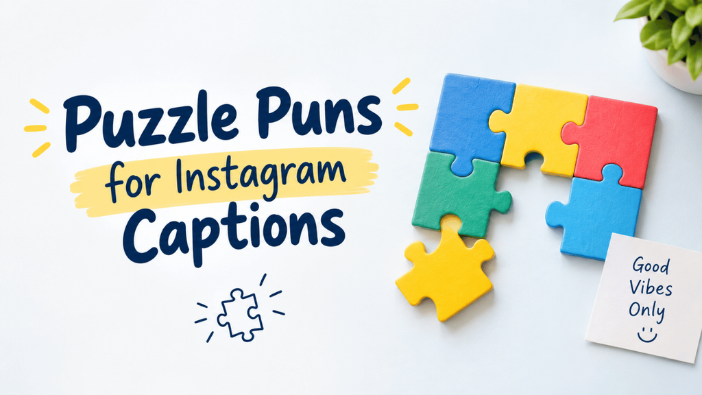 Puzzle puns for Instagram captions featuring colorful jigsaw puzzle pieces and playful social media-themed text.