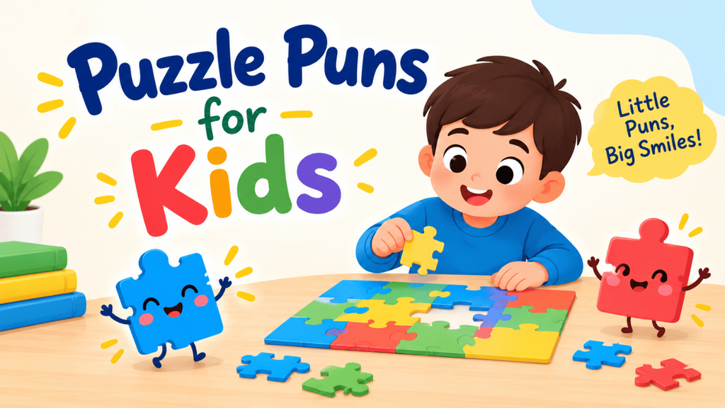 Puzzle puns for kids featuring a cheerful child solving a colorful jigsaw puzzle with playful animated puzzle pieces.
