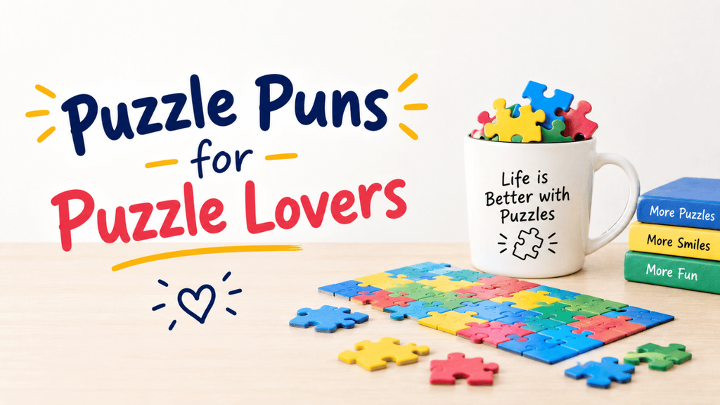 Puzzle puns for puzzle lovers featuring colorful jigsaw pieces, a puzzle-themed mug, and playful text.