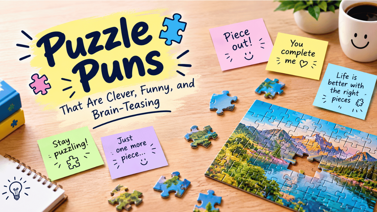 Colorful puzzle puns feature image with jigsaw pieces, playful sticky notes, coffee mug, and the title “Puzzle Puns That Are Clever, Funny, and Brain-Teasing.”
