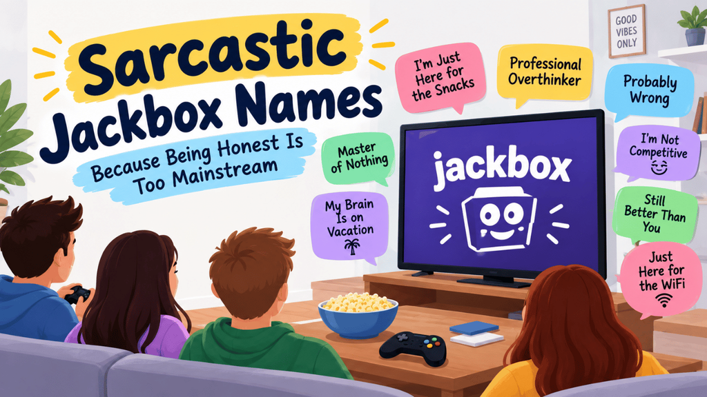 Sarcastic Jackbox names featuring a fun game-night setup with friends, a TV, controller, snacks, and humorous name bubbles.