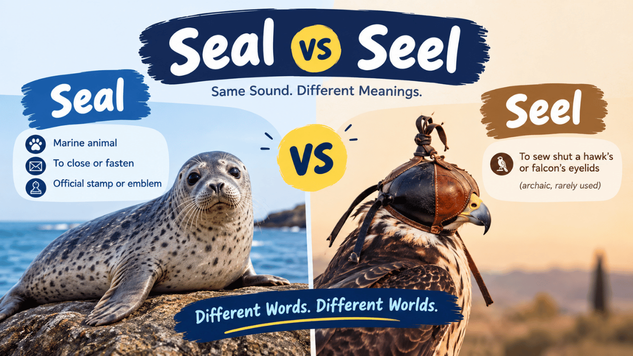 Seal vs Seel comparison graphic showing a marine seal and a hooded falcon, highlighting their different meanings and uses.
