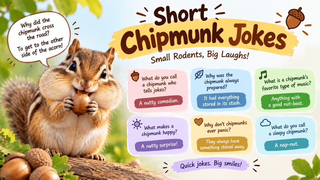 Short chipmunk jokes featuring a cute chipmunk with an acorn, quick puns, funny questions, and kid-friendly punchlines.