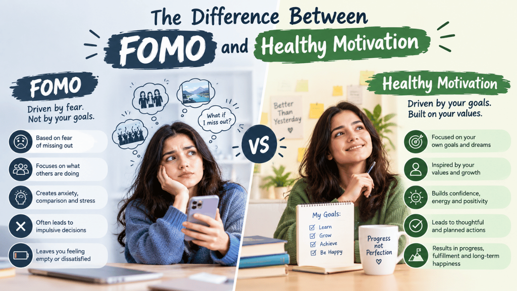 Difference between FOMO and healthy motivation, comparing fear-driven decisions with goal-focused and positive motivation.