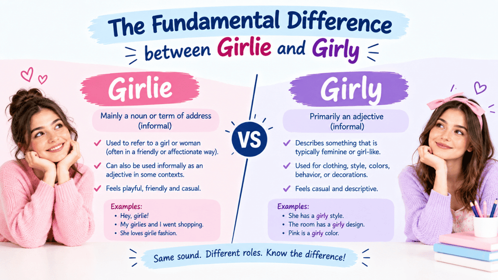 Fundamental difference between girlie and girly, comparing their meanings, grammatical roles, tones, and common examples.