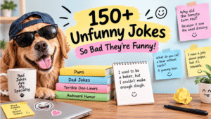 150+ unfunny jokes feature image with a dog wearing sunglasses, colorful books, sticky notes, a notebook, coffee mug, and playful joke-themed decorations.