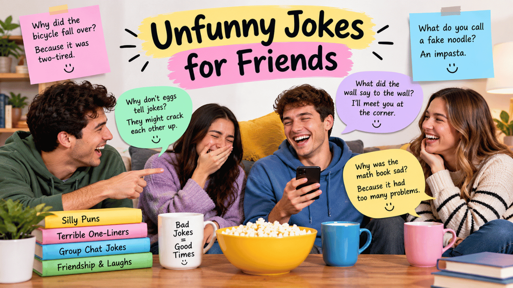 Unfunny jokes for friends featuring a group of friends laughing together, colorful joke cards, mugs, popcorn, and a playful banner with silly pun examples.