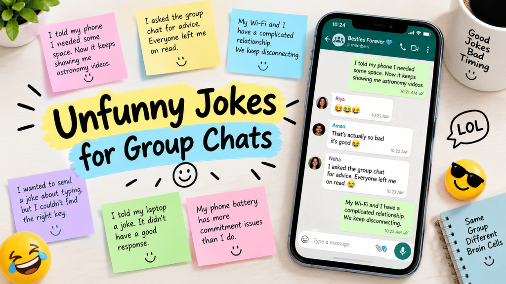 Unfunny jokes for group chats featuring a smartphone with a funny group conversation, colorful joke cards, laughing emojis, coffee, and playful desk accessories.