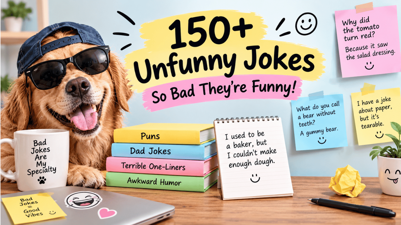 150+ unfunny jokes feature image with a dog wearing sunglasses, colorful books, sticky notes, a notebook, coffee mug, and playful joke-themed decorations.