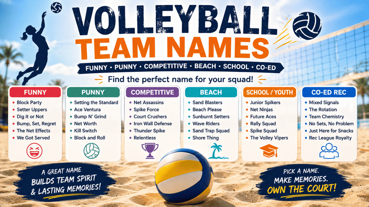 Volleyball team names infographic featuring funny, punny, competitive, beach, school, and co-ed recreational team name ideas with a volleyball and beach court background.