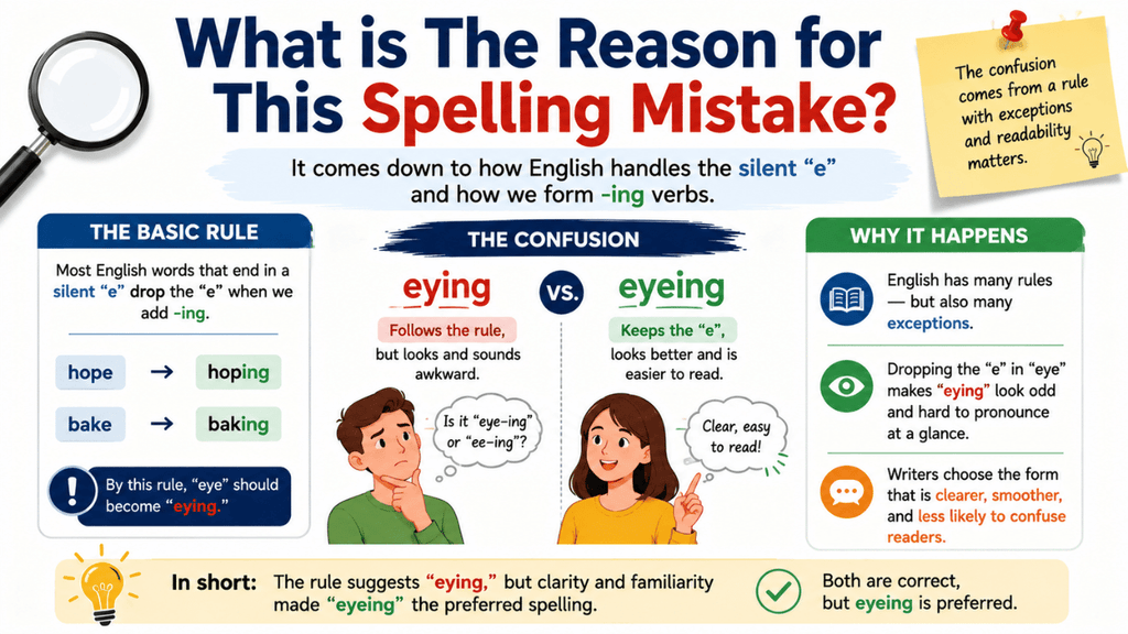 Reason for the eyeing or eying spelling mistake, showing the silent “e” rule and why “eyeing” is the preferred spelling.