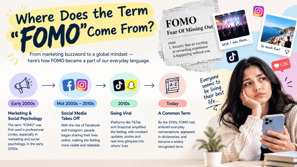 Where the term FOMO comes from, showing its origins in marketing and social psychology and its rise through social media.